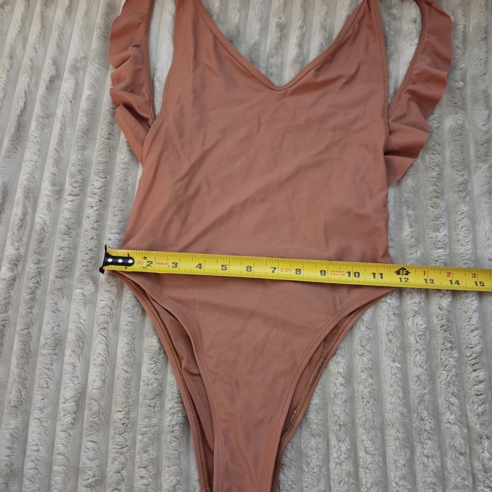 Aerie Ruffle Shoulder Deep V One Piece Swimsuit Coral Terracotta Orange XS - Picture 2 of 10